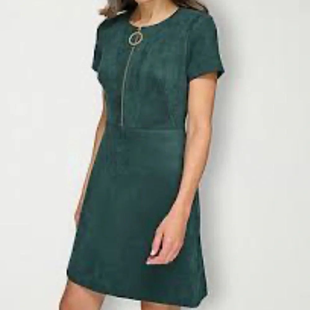 Calvin Klein Green Faux Suede Zip Front Sheath Dress Size 8 Minimalist Modern